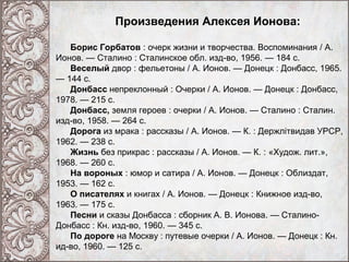 Произведения Алексея Ионова:
Борис Горбатов : очерк жизни и творчества. Воспоминания / А.
Ионов. — Сталино : Сталинское обл. изд-во, 1956. — 184 с.
Веселый двор : фельетоны / А. Ионов. — Донецк : Донбасс, 1965.
— 144 с.
Донбасс непреклонный : Очерки / А. Ионов. — Донецк : Донбасс,
1978. — 215 с.
Донбасс, земля героев : очерки / А. Ионов. — Сталино : Сталин.
изд-во, 1958. — 264 с.
Дорога из мрака : рассказы / А. Ионов. — К. : Держлітвидав УРСР,
1962. — 238 с.
Жизнь без прикрас : рассказы / А. Ионов. — К. : «Худож. лит.»,
1968. — 260 с.
На вороных : юмор и сатира / А. Ионов. — Донецк : Облиздат,
1953. — 162 с.
О писателях и книгах / А. Ионов. — Донецк : Книжное изд-во,
1963. — 175 с.
Песни и сказы Донбасса : сборник А. В. Ионова. — СталиноДонбасс : Кн. изд-во, 1960. — 345 с.
По дороге на Москву : путевые очерки / А. Ионов. — Донецк : Кн.
ид-во, 1960. — 125 с.

 