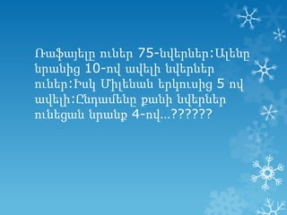 Ռաֆայելը ուներ 75-նվերներ:Ալենը
նրանից 10-ով ավելի նվերներ
ուներ:Իսկ Միլենան երկուսից 5 ով
ավելի:Ընդամենը քանի նվերներ
ունեցան նրանք 4-ով…??????

 