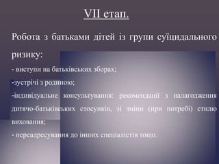 VІІ етап.
Робота з батьками дітей із групи суїцидального
ризику:
- виступи на батьківських зборах;

-зустрічі з родиною;
-індивідуальне консультування: рекомендації з налагодження
дитячо-батьківських стосунків, зі зміни (при потребі) стилю
виховання;
- переадресування до інших спеціалістів тощо.

 