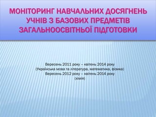 МОНІТОРИНГ НАВЧАЛЬНИХ ДОСЯГНЕНЬ
УЧНІВ З БАЗОВИХ ПРЕДМЕТІВ
ЗАГАЛЬНООСВІТНЬОЇ ПІДГОТОВКИ
Вересень 2011 року – квітень 2014 року
(Українська мова та література, математика, фізика)
Вересень 2012 року – квітень 2014 року
(хімія)
 