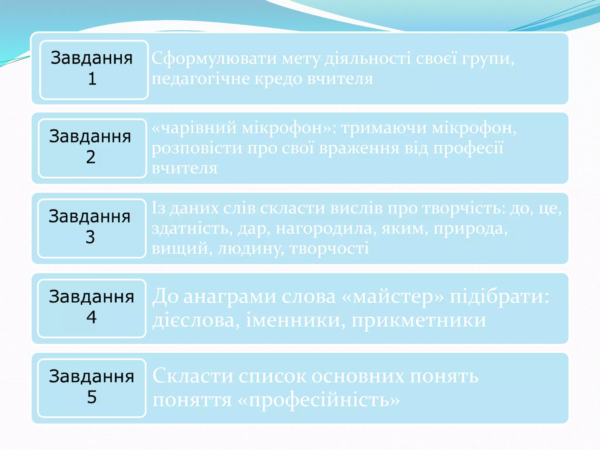 Сформулювати мету діяльності своєї групи,
педагогічне кредо вчителя
«чарівний мікрофон»: тримаючи мікрофон,
розповісти про свої враження від професії
вчителя
Із даних слів скласти вислів про творчість: до, це,
здатність, дар, нагородила, яким, природа,
вищий, людину, творчості
До анаграми слова «майстер» підібрати:
дієслова, іменники, прикметники
Скласти список основних понять
поняття «професійність»
 