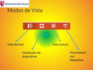 Modos de Vista
Vista Normal
Clasificador de
diapositivas
Vista lectura
Presentación
con
diapositiva