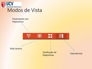 Modos de Vista
Vista Normal
Clasificador de
Diapositivas
Vista Lectura
Presentación con
Diapositivas