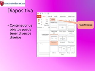 Diapositiva
• Contenedor de
objetos puede
tener diversos
diseños
Haga Clic aquí