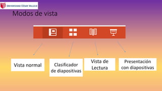Modos de vista
Vista normal Clasificador
de diapositivas
Vista de
Lectura
Presentación
con diapositivas