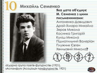 «Ударна група поетів-футуристів» (1921),
«Аспанфут» (Асоціація панфутуристів, 1921)
Яка дата об'єднує
М. Семенка з цими
письменниками:
Антоненко-Давидович
Драй-Хмара Михайло
Зеров Микола
Косинка Григорiй
Кулiш Микола
Пiдмогильний Валерiан
Плужник Євген
Хвильовий Микола?
Т.А.Шинкаренко, ІЗОШ № 4
 