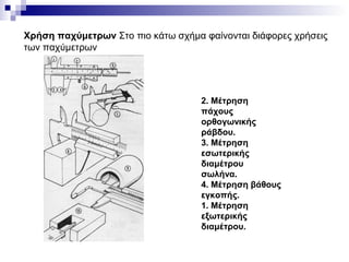 Χρήση παχύμετρων Στο πιο κάτω σχήμα φαίνονται διάφορες χρήσεις
των παχύμετρων
2. Μέτρηση
πάχους
ορθογωνικής
ράβδου.
3. Μέτρηση
εσωτερικής
διαμέτρου
σωλήνα.
4. Μέτρηση βάθους
εγκοπής.
1. Μέτρηση
εξωτερικής
διαμέτρου.
 