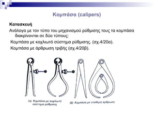 Κομπάσα (calipers)
Κατασκευή
Ανάλογα με τον τύπο του μηχανισμού ρύθμισης τους τα κομπάσα
διακρίνονται σε δύο τύπους:
Κομπάσα με κοχλιωτό σύστημα ρύθμισης. (σχ.4/20α).
Κομπάσα με άρθρωση τριβής (σχ.4/20β).
 