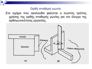 Ορθή σταθερή γωνία
Στο σχήμα που ακολουθεί φαίνεται ο σωστός τρόπος
χρήσης της ορθής σταθερής γωνίας για τον έλεγχο της
ορθογωνικότητας εργασίας.
 