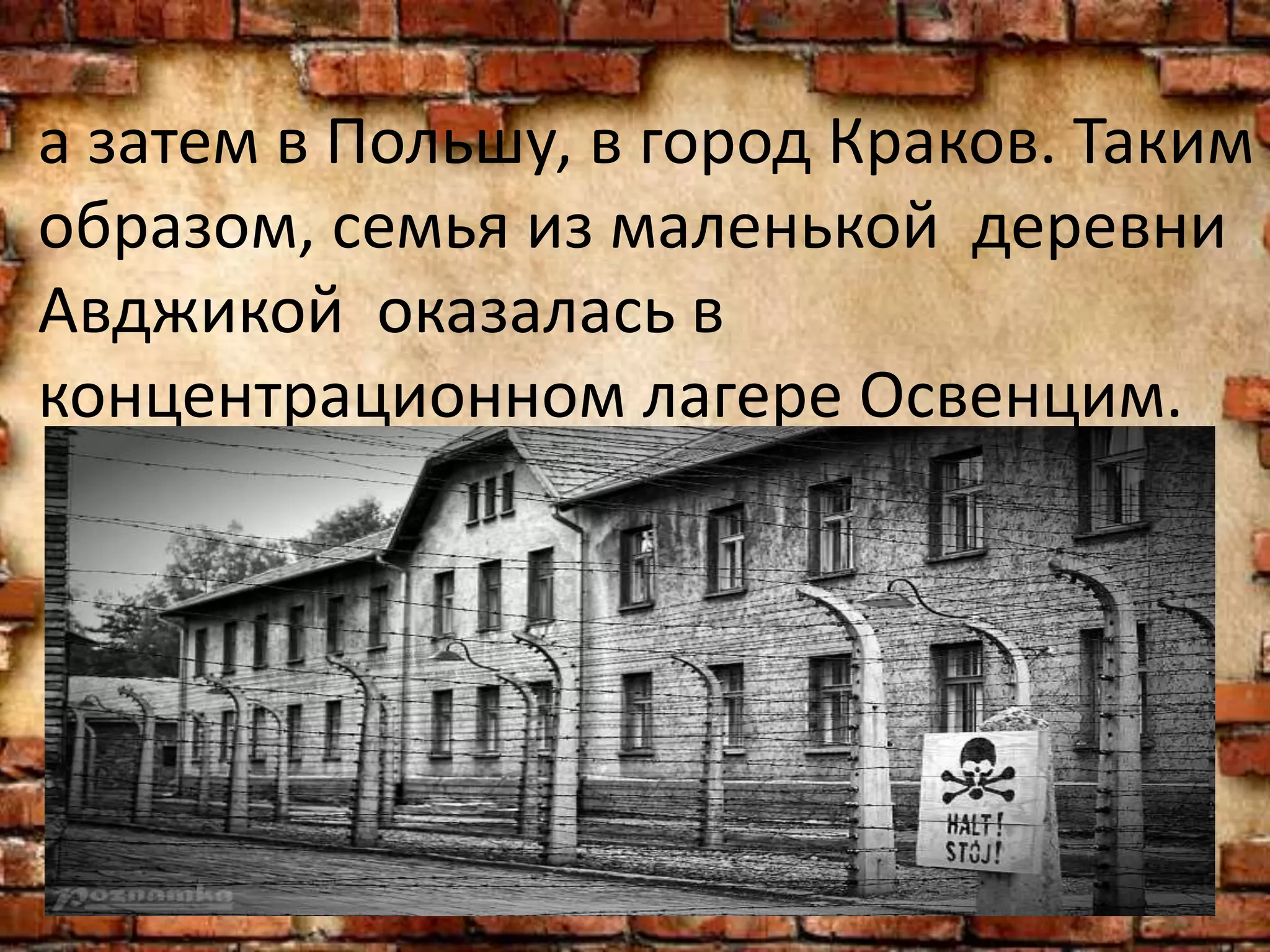 а затем в Польшу, в город Краков. Таким
образом, семья из маленькой деревни
Авджикой оказалась в
концентрационном лагере Освенцим.
 