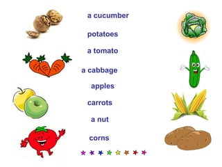 a cucumber
potatoes
a tomato
a cabbage
apples
carrots
a nut
corns
 