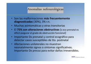 Anomalías nefrourológicas
• Son las malformaciones más frecuentemente
diagnosticadas (30%), 3% r.n.
• Muchas asintomáticas y otras transitorias
• El 75% son alteraciones obstructivas (x eco prenatal es
difícil asegurar el grado de obstrucción funcional)
• Importante Dx prenatal y control ecográfico para
detectar casos susceptibles de tto. postnatal
• Afectaciones unilaterales no muestran
neonatalmente signos o síntomas significativos.
Importante Dx precoz para evitar daños irreversibles.
 