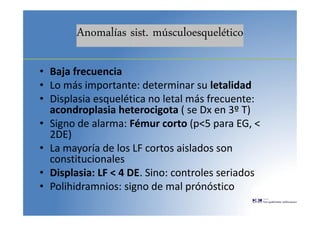 Anomalías sist. músculoesquelético
• Baja frecuencia
• Lo más importante: determinar su letalidad
• Displasia esquelética no letal más frecuente:
acondroplasia heterocigota ( se Dx en 3º T)
• Signo de alarma: Fémur corto (p<5 para EG, <
2DE)
• La mayoría de los LF cortos aislados son
constitucionales
• Displasia: LF < 4 DE. Sino: controles seriados
• Polihidramnios: signo de mal prónóstico
 