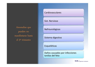 Anomalías que
pueden no
manifestarse hasta
el 3º trimestre
Cardiovasculares
Sist. Nervioso
Nefrourológicas
Sistema digestivo
Esqueléticas
Daños causados por infecciones
tardías del feto
 