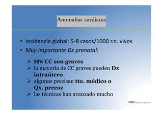 Anomalías cardiacas
• Incidencia global: 5-8 casos/1000 r.n. vivos
• Muy importante Dx prenatal:
 50% CC son graves
 la mayoría de CC graves pueden Dx
intraútero
 algunas precisan tto. médico o
Qx. precoz
 las técnicas han avanzado mucho
 