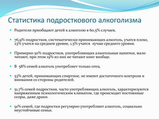 Статистика подросткового алкоголизма
 Родители приобщают детей к алкоголю в 60,5% случаев,
 76,9% подростков, систематически принимающих алкоголь, учатся плохо,
23% учатся на среднем уровне, 1,5% учатся лучше среднего уровня.
 Примерно 50% подростков, употребляющих алкогольные напитки, мало
читают, при этом 19% из них не читают книг вообще.
 В 58% семей алкоголь употребляет только отец.
 53% детей, принимающих спиртное, не имеют достаточного контроля и
внимания со стороны родителей.
 51,7% семей подростков, часто употребляющих алкоголь, характеризуются
напряженным психологическим климатом, где происходят постоянные
ссоры, даже драки.
 91% семей, где подростки регулярно употребляют алкоголь, социально
неустойчивые семьи.
 