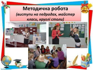Методична робота
(виступи на педрадах, майстер
класи, круглі столи)
•
 