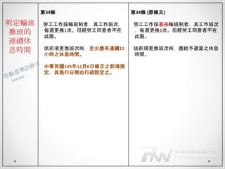 明定輪班
換班的
連續休
息時間
第34條
勞工工作採輪班制者，其工作班次，
每週更換1次。但經勞工同意者不在
此限。
依前項更換班次時，至少應有連續11
小時之休息時間。
中華民國105年12月6日修正之前項規
定，其施行日期由行政院定之。
第34條 (原條文)
勞工工作採晝夜輪班制者，其工作班次
，每週更換1次。但經勞工同意者不在
此限。
依前項更換班次時，應給予適當之休息
時間。
 