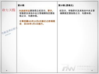 砍七天假
第37條
內政部所定應放假之紀念日、節日、
勞動節及其他中央主管機關指定應放
假之日，均應休假。
中華民國105年12月6日修正之前項規
定，自106年1月1日施行。
第37條 (原條文)
紀念日、勞動節日及其他由中央主管
機關規定應放假之日，均應休假。
 