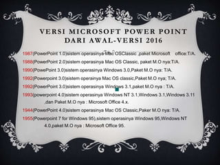 VERSI MICROSOFT POWER POINT
DARI AWAL-VERSI 2016
1987(PowerPoint 1.0)sistem operasinya Mac OSClassic ,paket Microsoft office:T/A.
1988(PowerPoint 2.0)sistem operasinya Mac OS Classic, paket M.O nya:T/A.
1990(PowePoint 3.0)sistem operasinya Windows 3.0,Paket M.O nya: T/A.
1992(Powerpoint 3.0)sistem operainya Mac OS classic,Paket M.O nya; T/A.
1992(PowerPoint 3.0)sistem operasinya Windows 3.1,paket M.O nya : T/A.
1993(powerpoint 4.0)sistem operasinya Windows NT 3.1,Windows 3.1,Windows 3.11
,dan Paket M.O nya : Microsoft Office 4.x.
1944(PowerPoint 4.0)sistem operasinya Mac OS Classic,Paker M.O nya: T/A.
1955(Powerpoint 7 for Windows 95),sistem operasinya Windows 95,Windows NT
4.0,paket M.O nya : Microsoft Office 95.
 