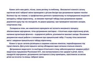 Кожен загін мав девіз, пісню, свою речівку та емблему. Вихователі кожного загону
протягом всієї табірної зміни проводили з дітьми бесіди про дотримання правил техніки
безпеки під час пожежі, із профілактики дитячого травматизму та попередженню нещасних
випадків у таборі відпочинку, за межами території табору (про дотримання правил
дорожного руху під час екскурсій, по дорозі додому), при проведенні масових заходів,
спортивних ігор.
Складаючи план, ми намагалися врахувати всі аспекти виховного процесу:
збалансоване харчування, чітке дотримання санітарно - гігієнічних норм відпочинку дітей,
належна організація фізично – оздоровчої роботи, різноманітні виховні заходи. Основним
документом нашої роботи є положення про пришкільний табір. У ньому чітко визначені
мета і завдання пришкільного табору відпочинку.
Кожен із трьох загонів розміщено в окремих класних кімнатах, переобладнаних під
ігрові кімнати. Для учнів першого загону обладнана одна затишна спальна кімната.
Дотримання медичного та санітарно-гігієнічного стану забезпечувалося завдяки роботі
медичного працівника Резнікової А.П., яка контролювала стан здоров’я дітей, якість
продуктів харчування, дотримання санітарного стану приміщень, простежила за вагою
дітей на початок та кінець табірної зміни.
 