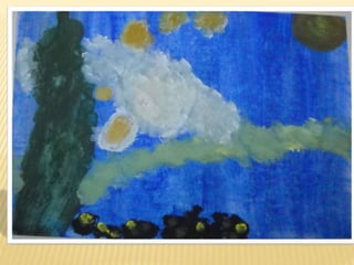 MY COLORWORD
 Michaella-Marina Lambrou
 My painting reminds of a fantastic picture
which has lots of colours. I designed whirling
lines like spinning comets into a blue sky with
white spots.
 