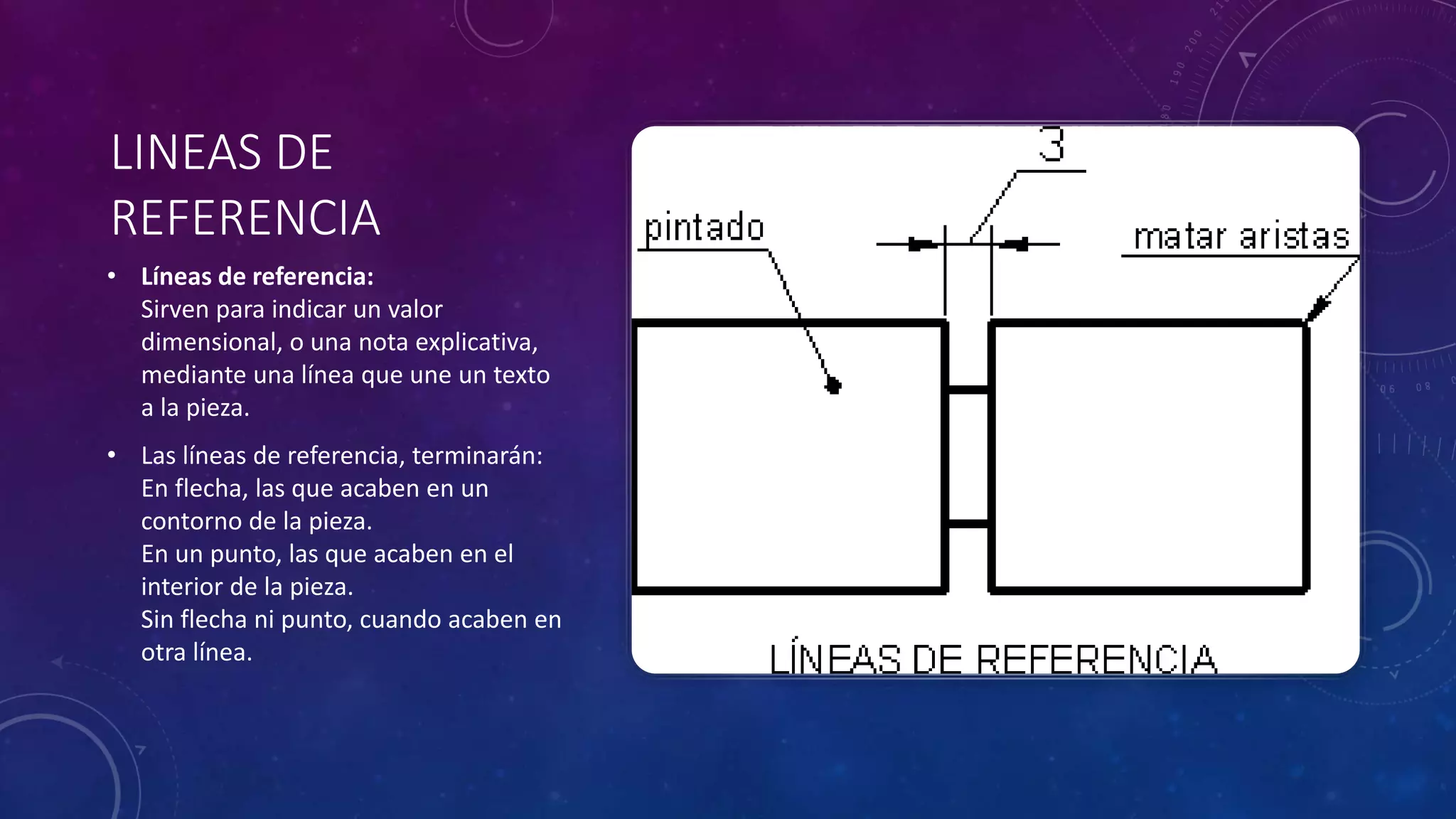 LINEAS DE
REFERENCIA
• Líneas de referencia:
Sirven para indicar un valor
dimensional, o una nota explicativa,
mediante una línea que une un texto
a la pieza.
• Las líneas de referencia, terminarán:
En flecha, las que acaben en un
contorno de la pieza.
En un punto, las que acaben en el
interior de la pieza.
Sin flecha ni punto, cuando acaben en
otra línea.
 