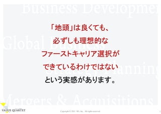 Copyright © 2021 M3, Inc. All rights reserved. 1
「地頭」は良くても、
必ずしも理想的な
ファーストキャリア選択が
できているわけではない
という実感があります。
 