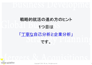 Copyright © 2021 M3, Inc. All rights reserved. 5
戦略的就活の進め方のヒント
1つ目は
「丁寧な自己分析と企業分析」
です。
 