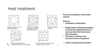 Heat treatment
Process of annealing for cold-worked
material.
Recovery
• Annihilation of dislocations
• Polygonization of dislocation happens
at recovery(arranging themselves in
such way where they have lowest
internal energy )
• This leads to creating of sub-
structures by their arrangement.
• Further annealing leads nucleation
 