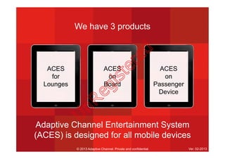 Adaptive Channel Entertainment System
(ACES) is designed for all mobile devices
ACES
for
Lounges
ACES
on
Board
ACES
on
Passenger
Device
We have 3 products
© 2013 Adaptive Channel. Private and confidential. Ver. 02-2013
U
nR
egistered
 