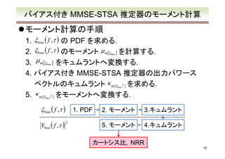 バイアス付き MMSE-STSA 推定器のモーメント計算

モーメント計算の手順
1. ξ bias ( f ,τ ) の PDF を求める．
2. ξ bias ( f ,τ ) のモーメント µ m[ξ ] を計算する．
bias

3. µ m[ξ ] をキュムラントへ変換する．
4. バイアス付き MMSE-STSA 推定器の出力パワース
ペクトルのキュムラント κ m[|Y | ] を求める．
5. κ m[|Y | ] をモーメントへ変換する．
bias

2

bias

2

bias

ξ bias ( f ,τ )

1. PDF

Ybias ( f ,τ )　
2

2. モーメント

3.キュムラント

5. モーメント

4.キュムラント

カートシス比，NRR
15

 