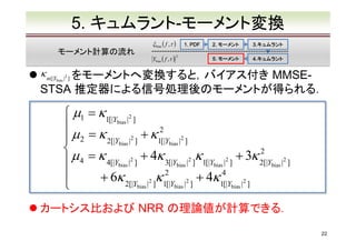 5. キュムラント-モーメント変換
ξ bias ( f ,τ )

モーメント計算の流れ

1. PDF

Ybias ( f ,τ )　
2

2. モーメント

3.キュムラント
3.キュムラント

5. モーメント

4.キュムラント
4.キュムラント

をモーメントへ変換すると，バイアス付き MMSESTSA 推定器による信号処理後のモーメントが得られる．
κ m[|Y

bias |

2

]

 µ1 = κ1[|Ybias |2 ] 　　　　　　　　　　　　

µ 2 = κ 2[|Ybias |2 ] + κ12[|Ybias |2 ] 　　　　　　　　

µ = κ
2
+ 4κ 3[|Y |2 ]κ1[|Y |2 ] + 3κ 2[|Y |2 ]
4[|Ybias |2 ]
 4
bias
bias
bias
2
4
　　　6κ
+ 2[|Y |2 ]κ1[|Y |2 ] + 4κ1[|Y |2 ] 　　　　
bias
bias
bias

֩
騀◌

カートシス比および NRR の理論値が計算できる．
22

 