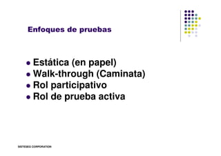 Enfoques de pruebas



         Estática (en papel)
         Walk-through (Caminata)
         Rol participativo
         R...