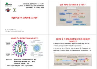 UNIVERSIDADE FEDERAL DO PAMPA
                                                                                        QUE TIPO DE VÍRUS É O HIV ?
                                CURSOS DE ENFERMAGEM E FISIOTERAPIA
                                                 DISCIPLINA DE IMUNOLOGIA




               RESPOSTA IMUNE & HIV




Dr. Alexandre M. Fuentefria
Prof. Adjunto da Universidade Federal do Pampa




              COMO É A ESTRUTURA DO HIV ?                                         COMO É A ORGANIZAÇÃO DO GENOMA
                                                                                              DO HIV ?
                                                                            # genes retrovirais responsáveis pela infectividade: gag, pol e env, ;

                                                                            # São os genes pode sofrer mutações rapidamente;

                                                                            # No interior de pró-vírus de DNA, os genes são flanqueados por
                                                                            Repetições Terminais Longas (LTR) em ambas as extremidades 5’ e
                                                                            3’;




  Retrovírus          Glicoproteína transmembrana (TM)= gp41
                      Glicoproteína de fixação (SU) = gp120
                      Proteína do capsídeo = p24

   # HIV-1 (gp120 e gp41) & HIV-2 (gp130 e 41)
 