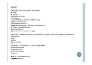 EMENTA
UNIDADE I – FUNDAMENTOS DA ERGONOMIA
•Origem
•Evolução
•Diferentes conceitos
•Abordagem
FUNDAMENTOS DA FISIOLOGIA DO TRABALHO
1.Diferenças individuais
2.Função Neuromuscular
3.Realização de medidas e aplicações antropométricas
4.Trabalho Estático e Dinâmico
5.Postura do Corpo
6.Levantamento e transporte de cargas
UNIDADE II – LIMITAÇÕES E CAPACIDADES HUMANAS NAS RELAÇÕES USUÁRIO/PRODUTO/AMBIENTE
Metabolismo
Visão
Audição
Outros sentidos
UNIDADE III – METODOLOGIA DE PESQUISA DE CAMPO
Análise da demanda
Análise da tarefa
Análise da atividade
Diagnóstico
PERÍODO: de 6 a 18/08/2012
Carga Horária: 60h

2

 