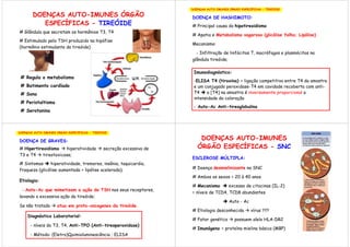 DOENÇAS AUTO-IMUNES ÓRGÃO-ESPECÍFICAS - TIREÓIDE

       DOENÇAS AUTO-IMUNES ÓRGÃO                                      DOENÇA DE HASHIMOTO:
          ESPECÍFICAS - TIREÓIDE                                      # Principal causa do hipotireoidismo
# Glândula que secretam os hormônios T3, T4
                                                                      # Apatia e Metabolismo vagaroso (glicólise falha; Lipólise)
# Estimulado pelo TSH produzido na hipófise
                                                                      Mecanismo:
(hormônio estimulante da tireóide)
                                                                        - Infiltração de linfócitos T, macrófagos e plasmócitos na
                                                                      glândula tireóide;

                                                                       Imunodiagnóstico:
 # Regula o metabolismo
                                                                       -ELISA T4 (tiroxina) = ligação competitiva entre T4 da amostra
 # Batimento cardíado                                                  e um conjugado peroxidase-T4 em cavidade recoberta com anti-
 # Sono                                                                T4    a [T4] na amostra é inversamente proporcional a
                                                                       intensidade da coloração
 # Peristaltismo
                                                                       - Auto-Ac Anti-tireoglobulina
 # Serotonina



DOENÇAS AUTO-IMUNES ÓRGÃO-ESPECÍFICAS - TIREÓIDE


DOENÇA DE GRAVES:
                                                                          DOENÇAS AUTO-IMUNES
# Hipertireoidismo    hiperatividade          secreção excessiva de      ÓRGÃO ESPECÍFICAS - SNC
T3 e T4    tireotoxicose;
                                                                      ESCLEROSE MÚLTIPLA:
# Sintomas      hiperatividade, tremores, insônia, taquicardia,
fraqueza (glicólise aumentada + lipólise acelerada);                  # Doença desmielinizante no SNC

                                                                      # Ambos os sexos = 20 à 40 anos
Etiologia:
                                                                      # Mecanismo          excesso de citocinas (IL-2)
  - Auto-Ac que mimetizam a ação do TSH nos seus receptores,
                                                                      = níveis de TCD4, TCD8 abundantes
levando a excessiva ação da tireóide;
                                                                                           Auto - Ac
Se não tratado       atua em proto-oncogenes da tireóide.
                                                                      # Etiologia desconhecida         vírus ???
     Diagnóstico Laboratorial:
                                                                      # Fator genético       possuem alelo HLA-DR2
      - níveis do T3, T4, Anti-TPO (Anti-tireoperoxidase)
                                                                      # Imunógeno = proteína mielina básica (MBP)
      - Método: (Eletro)Quimioluminescência ; ELISA
 