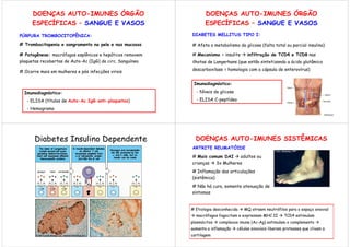 DOENÇAS AUTO-IMUNES ÓRGÃO                                   DOENÇAS AUTO-IMUNES ÓRGÃO
      ESPECÍFICAS – SANGUE E VASOS                                ESPECÍFICAS – SANGUE E VASOS
PÚRPURA TROMBOCITOPÊNICA:                                  DIABETES MELLITUS TIPO I:

# Trombocitopenia e sangramento na pele e nas mucosas      # Afeta o metabolismo da glicose (falta total ou parcial insulina)

# Patogênese: macrófagos esplênicos e hepáticos removem    # Mecanismo = insulite       infiltração de TCD4 e TCD8 nas
plaquetas recobertas de Auto-Ac (IgG) da circ. Sanguínea   ilhotas de Langerhans (que estão sintetizando a ácido glutâmico
                                                           descarboxilase = homologia com a cápsula de enterovírus)
# Ocorre mais em mulheres e pós infecções virais

                                                            Imunodiagnóstico:

  Imunodiagnóstico:                                          - Níveis de glicose

   - ELISA (títulos de Auto-Ac IgG anti-plaquetas)           - ELISA C-peptídeo

   - Hemograma




       Diabetes Insulino Dependente                          DOENÇAS AUTO-IMUNES SISTÊMICAS
                                                           ARTRITE REUMATÓIDE

                                                           # Mais comum DAI    adultos ou
                                                           crianças  3x Mulheres
                                                           # Inflamação das articulações
                                                           (sistêmica)
                                                           # Não há cura, somente atenuação de
                                                           sintomas


                                                           # Etiologia desconhecida   MQ atraem neutrófilos para o espaço sinovial
                                                             macrófagos fagocitam e expressam MHC II        TCD4 estimulam
                                                           plasmócitos   complexos imune (Ac-Ag) estimulam o complemento
                                                           aumenta a inflamação    células sinoviais liberam proteases que clivam a
                                                           cartilagem
 