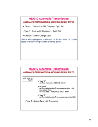 23
08A012 Automatic Transmission
AUTOMATIC TRANSMISSION- WORKING FLUID- TYPES
• Dexron , Dexron II – GM, Chrysler - Dyed Red
• Type F – Ford Motor Company – Dyed Red
• CJ Fluid – Amber Orange Color
• Fluids with appropriate coefficient of friction must be chosen
based on type of lining used for clutches, bands.
08A012 Automatic Transmission
AUTOMATIC TRANSMISSION- WORKING FLUID- TYPES
• Type T – Latest Type – All Transaxles
 
