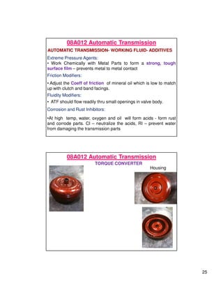 25
08A012 Automatic Transmission
AUTOMATIC TRANSMISSION- WORKING FLUID- ADDITIVES
Extreme Pressure Agents:
• Work Chemically with Metal Parts to form a strong, tough
surface film – prevents metal to metal contact
Friction Modifiers:
Corrosion and Rust Inhibitors:
•At high temp, water, oxygen and oil will form acids - form rust
and corrode parts. CI – neutralize the acids, RI – prevent water
from damaging the transmission parts
• Adjust the Coeff of friction of mineral oil which is low to match
up with clutch and band facings.
Fluidity Modifiers:
• ATF should flow readily thru small openings in valve body.
08A012 Automatic Transmission
TORQUE CONVERTER
Housing
 