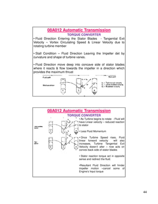 44
08A012 Automatic Transmission
TORQUE CONVERTER
• Fluid Direction Entering the Stator Blades - Tangential Exit
Velocity – Vortex Circulating Speed  Linear Velocity due to
rotating turbine member
• Stall Condition – Fluid Direction Leaving the Impeller det by
curvature and shape of turbine vanes.
• Fluid Direction move deep into concave side of stator blades
where it reacts  flow towards the impeller in a direction which
provides the maximum thrust
08A012 Automatic Transmission
TORQUE CONVERTER
• As Turbine begins to rotate - Fluid will
have Linear velocity – reduced reaction
to stator
• Less Fluid Momentum
• Once Turbine Speed rises, Fluid
linear forward velocity will also
increases, Turbine Tangential Exit
Velocity doesn’t alter – now acts on
convex back side of stator blades
• Stator reaction torque act in opposite
sense and redirect the fluid.
•Resultant Fluid Direction will hinder
impeller motion –cancel some of
Engine’s Input torque
 