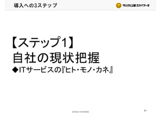 導入への3ステップ
【ステップ1】【ステップ1】
自社の現状把握自社の現状把握
◆ITサービスの『ヒト・モノ・カネ』
21
 