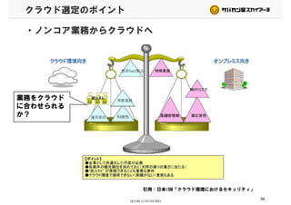 クラウド選定のポイント
・ノンコア業務からクラウドへ
業務をクラウド
に合わせられる
か？か？
引用：日本IBM「クラウド環境におけるセキュリティ」
56
 