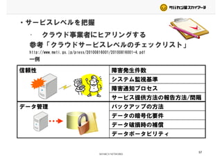 • クラウド事業者にヒアリングする
・サービスレベルを把握
• クラウド事業者にヒアリングする
参考「クラウドサービスレベルのチェックリスト」
http://www.meti.go.jp/press/20100816001/20100816001-4.pdf
信頼性 障害発生件数
http://www.meti.go.jp/press/20100816001/20100816001-4.pdf
一例
信頼性 障害発生件数
システム監視基準
障害通知プロセス障害通知プロセス
サービス提供方法の報告方法/間隔
データ管理 バックアップの方法データ管理 バックアップの方法
データの暗号化要件
データ破損時の補償データ破損時の補償
データポータビリティ
57
 