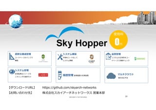 使⽤料使⽤料
0円
システム構築
手順をコード化して、
システム情報
品質管理
システムの正常性をコー
ドベースで自動チェック
柔軟な構成管理
コードベースのインフラ
構築 AWS
CloudFormation
システム情報 ドベースで自動チェック
システム管理
定型監視はリソースモ
構築
CloudFormation
履歴管理 マルチクラウド定型監視はリソースモ
ニタリングの選択だけ
履歴管理 変更履歴の充実管理
マルチクラウド
順次対応予定
【ダウンロードURL】 https://github.com/skyarch-networks
31
【ダウンロードURL】 https://github.com/skyarch-networks
【お問い合わせ先】 株式会社スカイアーチネットワークス 営業本部
 