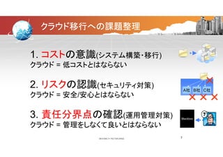 クラウド移行への課題整理
1. コストの意識(システム構築・移行)1. コストの意識(システム構築・移行)
クラウド = 低コストとはならない
×2. リスクの認識(セキュリティ対策)
A社 B社 C社
×××
2. リスクの認識(セキュリティ対策)
クラウド = 安全/安心とはならない
Blackbox
3. 責任分界点の確認(運用管理対策)
クラウド = 管理をしなくて良いとはならないクラウド = 管理をしなくて良いとはならない
7
 