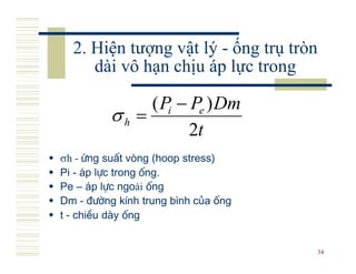 2. Hiện tượng vật lý - ống trụ tròn
     dài vô hạn chịu áp lực trong

               ( Pi − Pe ) Dm
          σh =
                      2t
σh - øng suÊt vßng (hoop stress)
Pi - ¸p lùc trong èng.
Pe – ¸p lùc ngoài èng
Dm - ®−êng kÝnh trung b×nh cña èng
t - chiÒu d y èng


                                     34
 