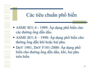 Các tiêu chuẩn phổ biến

ASME B31.4 - 1989: Áp dụng phổ biến cho
các đường ống dẫn dầu.
ASME B31.8 – 1990: Áp dụng phổ biến cho
đường ống dẫn khí hoặc hai pha.
DnV 1981, DnV F101-2000: Áp dụng phổ
biến cho đường ống dẫn dầu, khí, hai pha
trên biển

                                           35
 