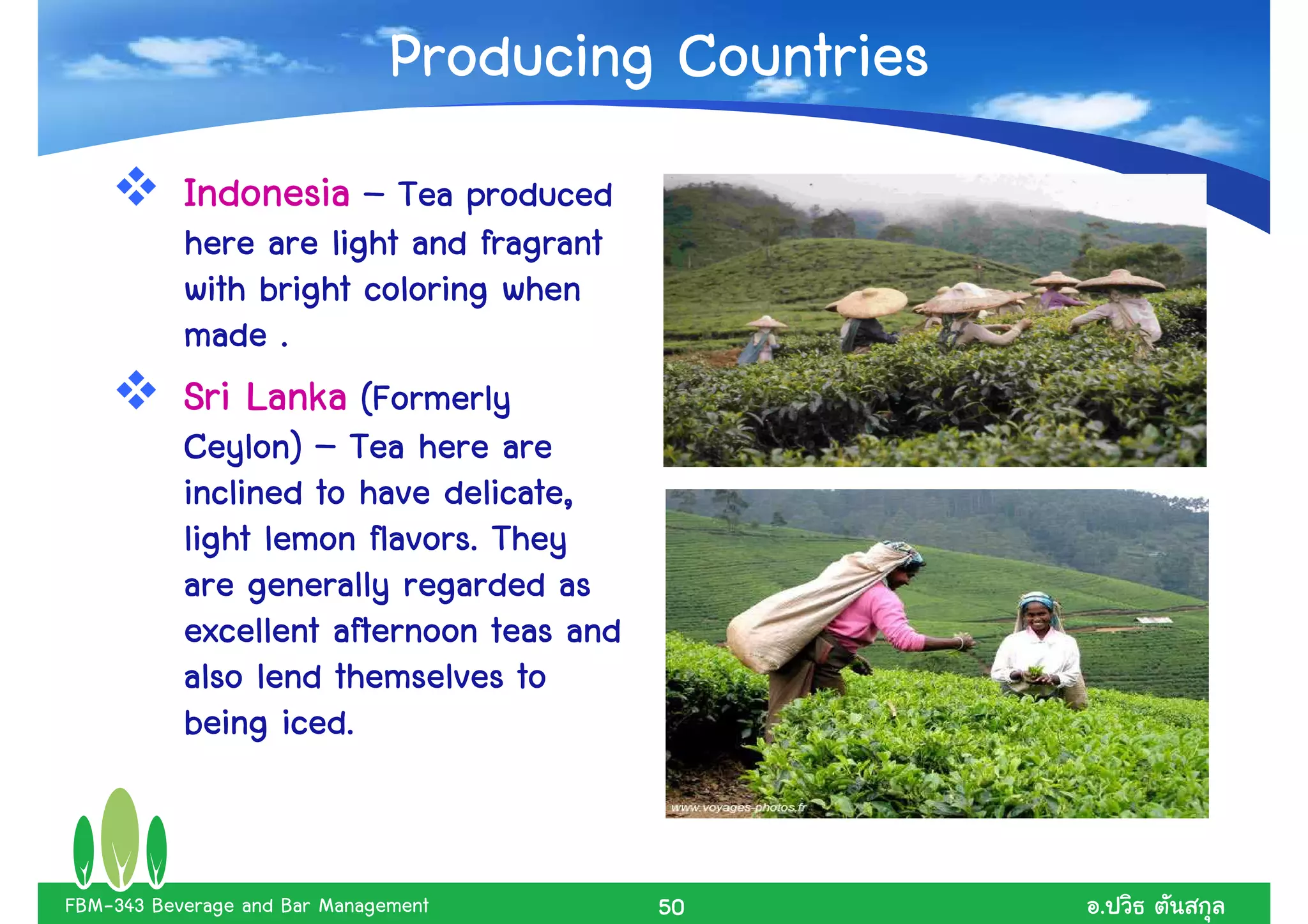 Producing Countries
           Indonesia – Tea produced
           here are light and fragrant
           with bright coloring when
           made .
           Sri Lanka (Formerly
           Ceylon) – Tea here are
           inclined to have delicate,
           light lemon flavors. They
           are generally regarded as
           excellent afternoon teas and
           also lend themselves to
           being iced.


FBM-343 Beverage and Bar Management       50         .
 
