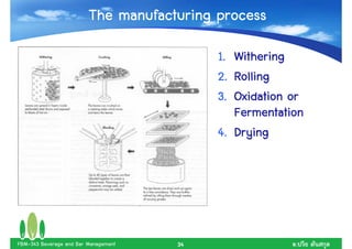 The manufacturing process
                                           1. Withering
                                           2. Rolling
                                           3. Oxidation or
                                              Fermentation
                                           4. Drying




FBM-343 Beverage and Bar Management   34                .
 